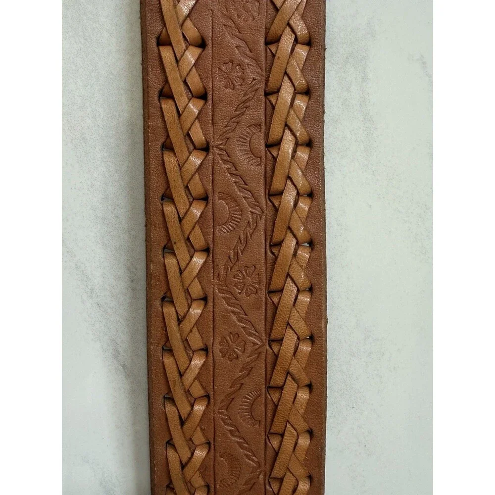 Vintage Hand Tooled Leather Belt Rose Oval Buckle Braided Western Boho Size 36